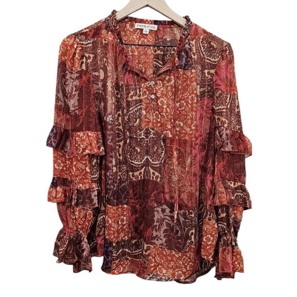 Frye Womens Tunic Top Patchwork Ruffled Long Sleeve Chiffon Peasant Boho Large - Picture 1 of 16